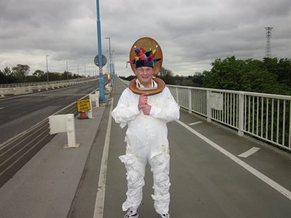 Rowan Hughes walking along the Severn Bridge