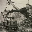 Black and white picture showing machinery working at cosmeston quarry