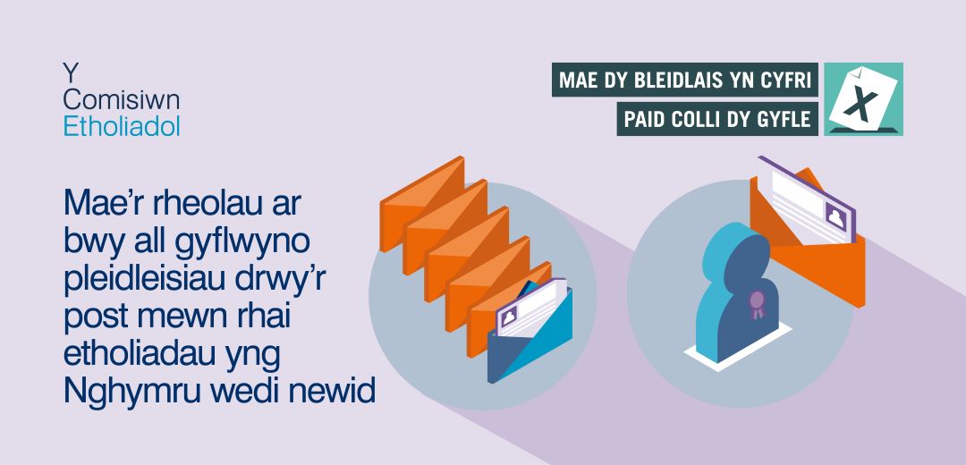 Baner Trin Pleidleisiau Post wedi'i darparu gan y comisiwn etholiadol. Mae'r rheolau ar bwy all gyflwyno pleidleisiau drwy'r post mewn rhai etholiadau yng Nghymru wedi newid. Mae dy bleidais yn cyrfi paid colli dy gyfle.