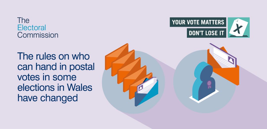 Postal Vote Handling banner provided by The electoral commission. The rules on who can hand in postal votes in some election in Wales have changed. Your vote matters don't lose it.