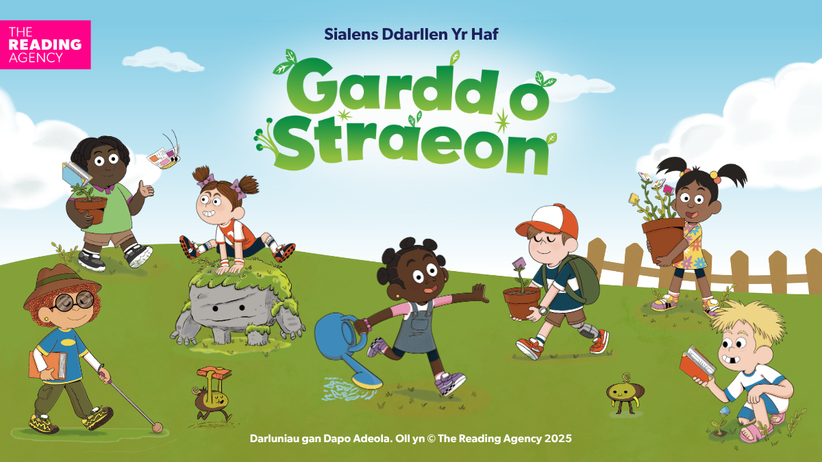 Baner tirwedd o Logo a Chymeriadau'r Gardd o Straeon