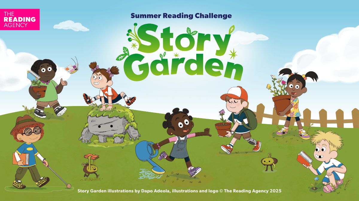 Landscape banner of Story Garden Logo and Characters